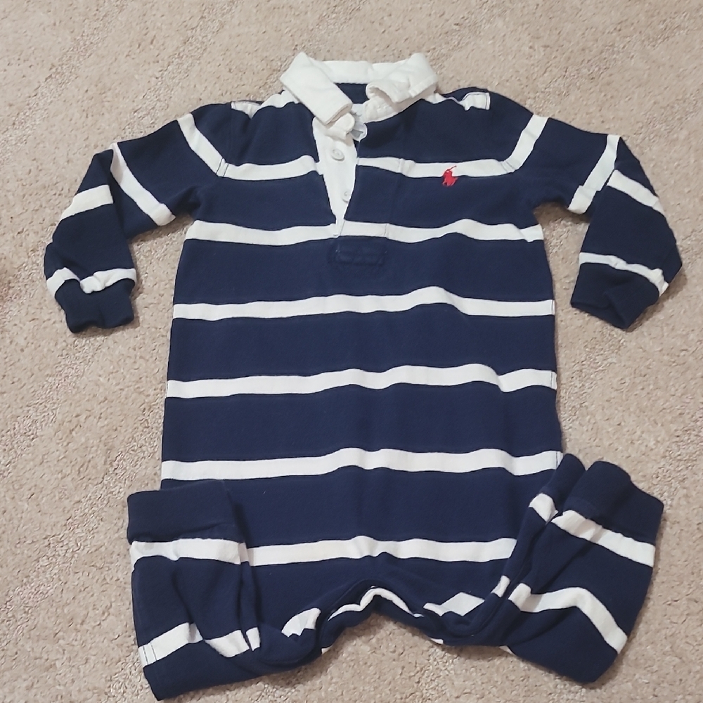 Like NEW! Polo Brand Navy and White Striped Baby Romper